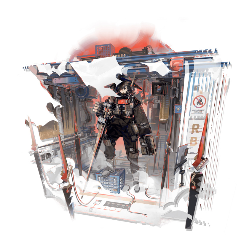 1boy, animal_ears, arknights, ayerscarpe_(arknights), ayerscarpe_(tested_one)_(arknights), box, electric_fan, full_body