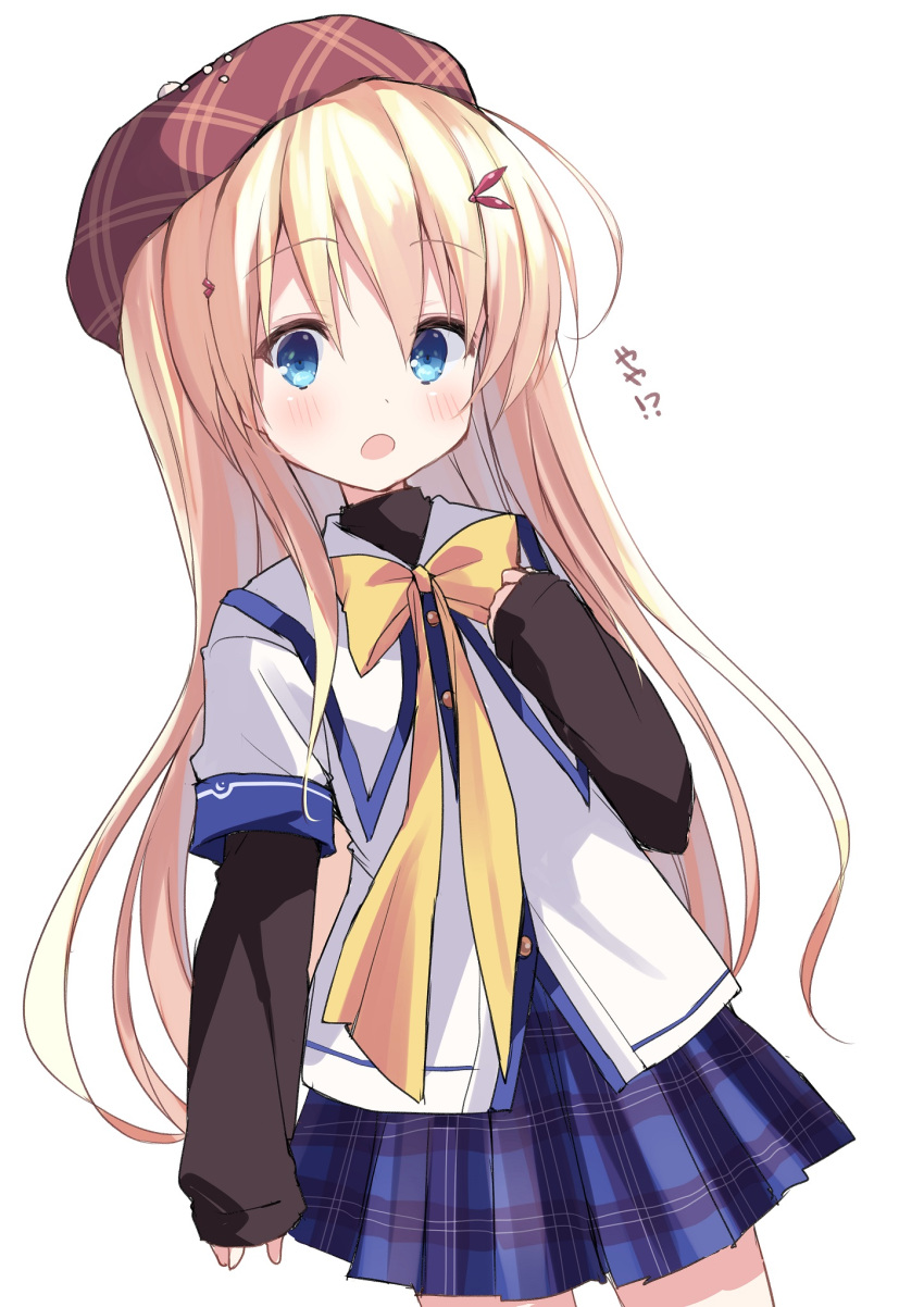 !?, 1girl, :o, ahoge, arm_at_side, beret, blonde_hair, blue_eyes