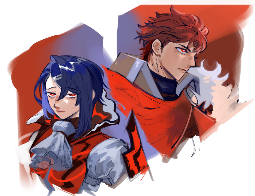 2boys, alcryst_(fire_emblem), ascot, asymmetrical_hair, blue_hair, brothers, closed_mouth, diamant_(fire_emblem)