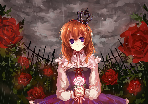 crown, dress, flower, frills, hands_together, lingcat, lowres, pink_rose, purple_eyes, rain, red_rose, rose, solo, umineko_no_naku_koro_ni, ushiromiya_maria