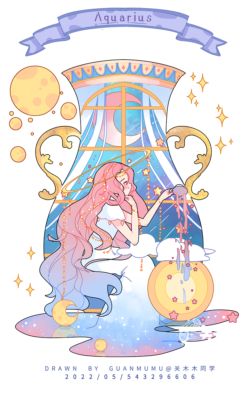 1girl, aquarius_(zodiac), artist_name, banner, beads, blue_dress, blue_hair, closed_mouth