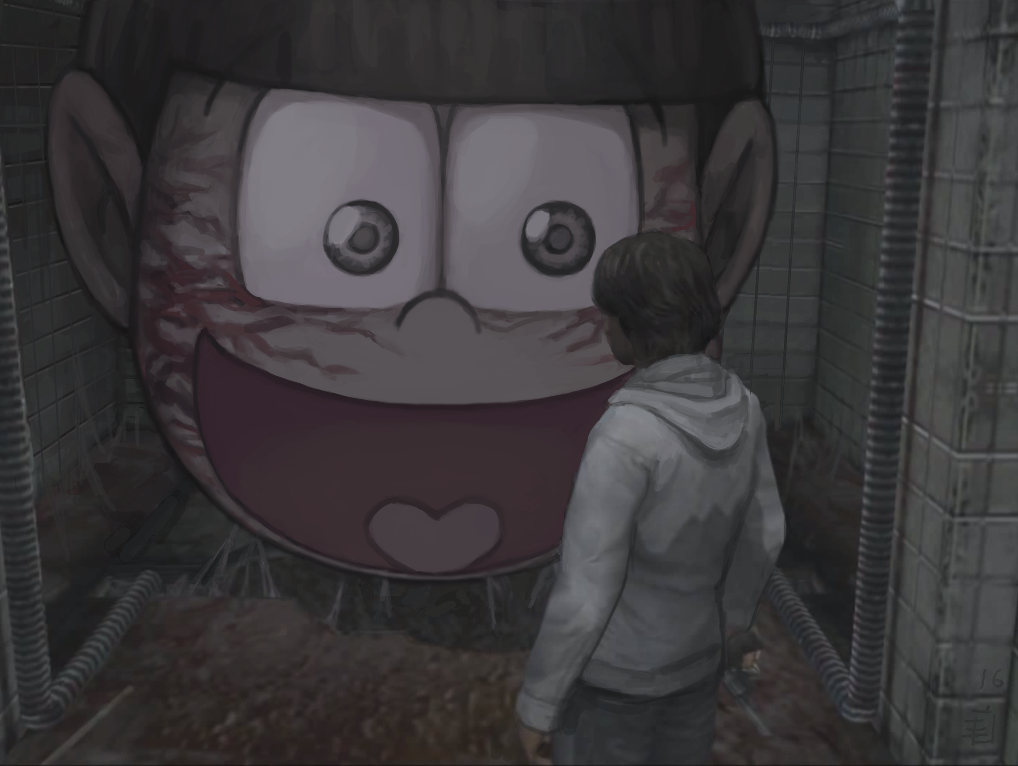 2boys, blood_on_wall, brown_eyes, brown_hair, crossover, denim, disembodied_head, emlan, grey_hoodie, heart, heart_in_mouth, henry_townshend, hood, hoodie, horror_(theme), jeans, matsuno_jyushimatsu, multiple_boys, open_mouth, osomatsu-san, pants, parody, short_hair, silent_hill, silent_hill_(series), silent_hill_4, silent_hill_4:_the_room, veins
