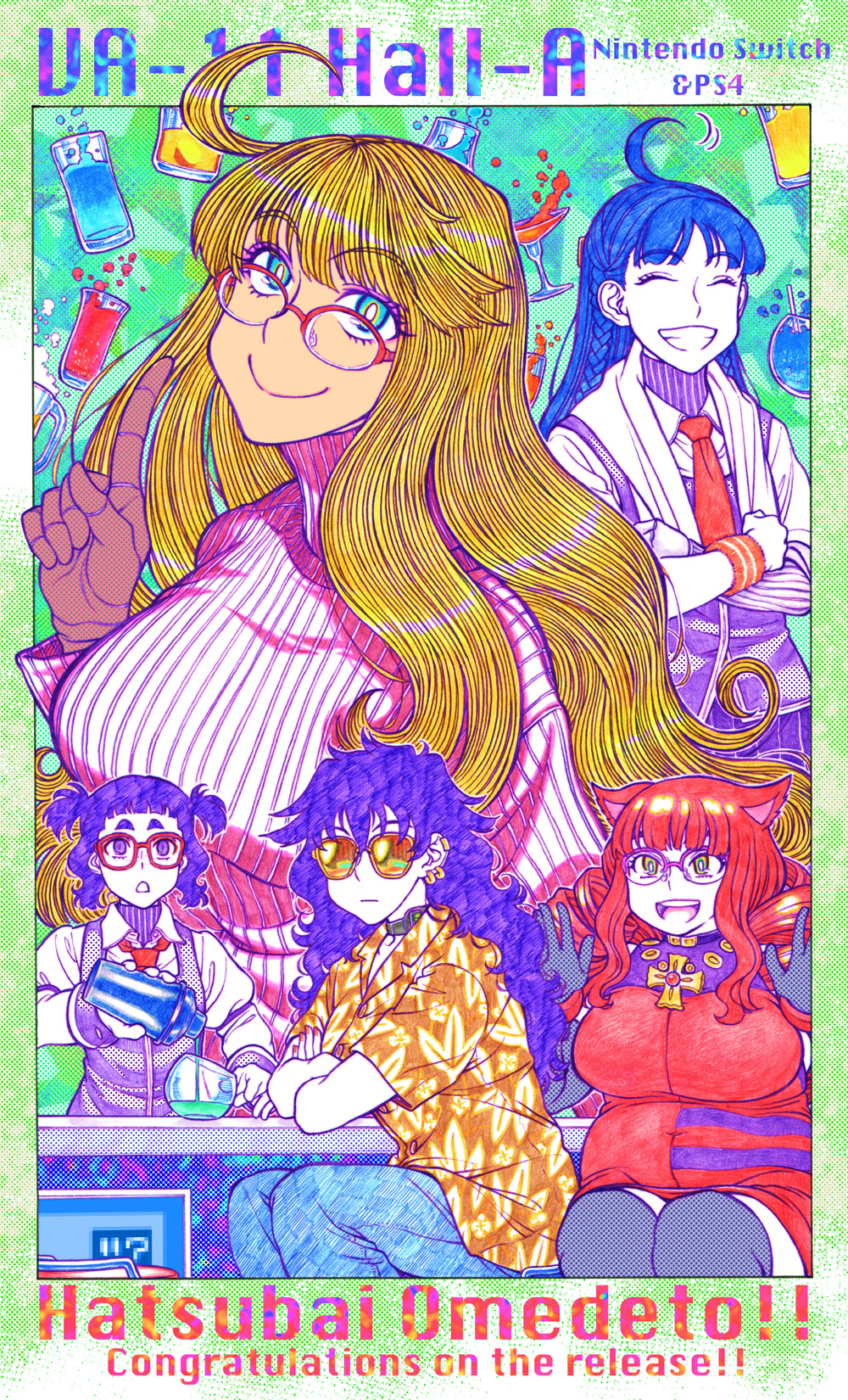 5girls, ahoge, alcohol, alma_armas, alma_armas_(cosplay), animal_ears, bartender, black_gloves