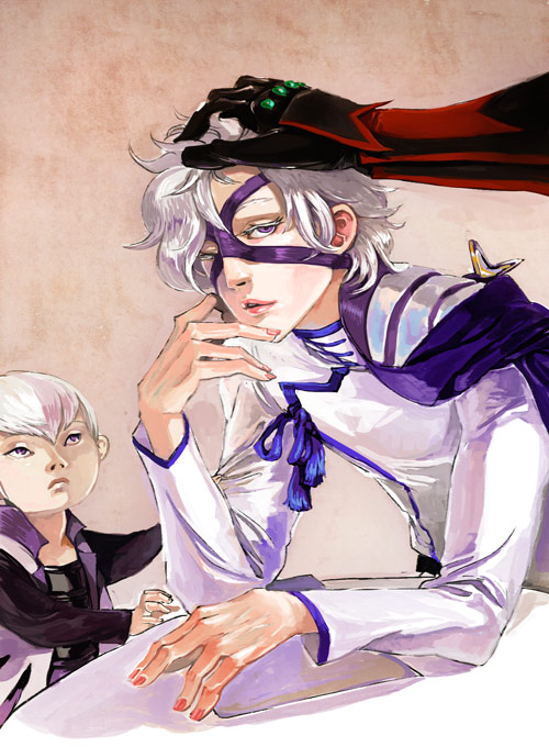 3boys, cape, child, elledupomme, hand_on_head, ishida_mitsunari, lipstick, mask, sengoku_basara, silver_hair, takenaka_hanbei, toyotomi_hideyoshi