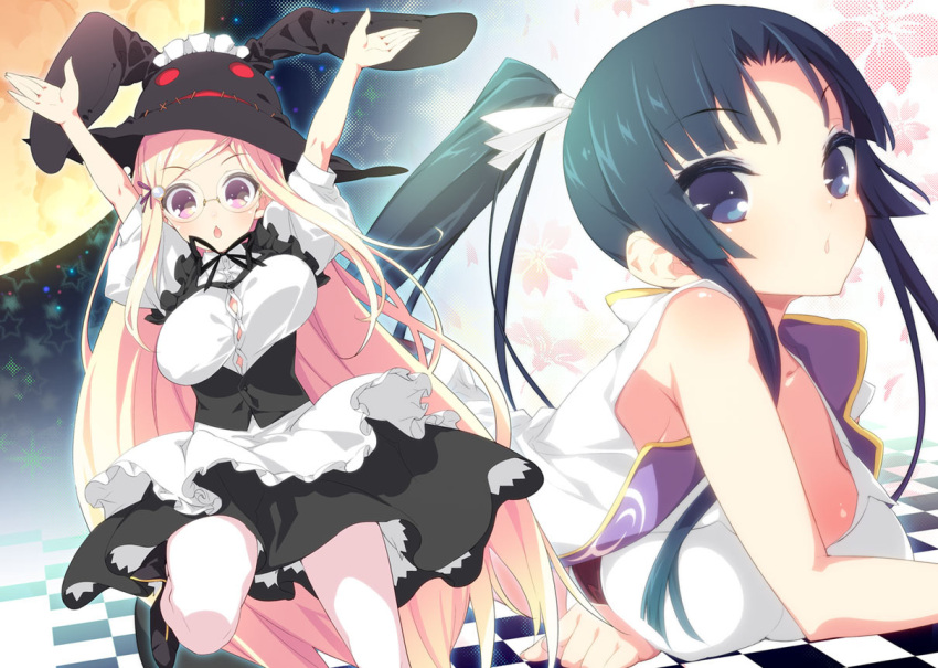 :<, \o/, apron, arms_up, blue_eyes, blue_hair, breasts, glasses, hair_ornament, hat, huge_breasts, kibitsu_momoko, long_hair, maid, majolica_le_fay, multiple_girls, ookami-san, ookami-san_to_shichinin_no_nakamatachi, outstretched_arms, pink_hair, ponytail, purple_eyes, show_(artist), show_(rinnetenshow), very_long_hair, violet_eyes, witch_hat