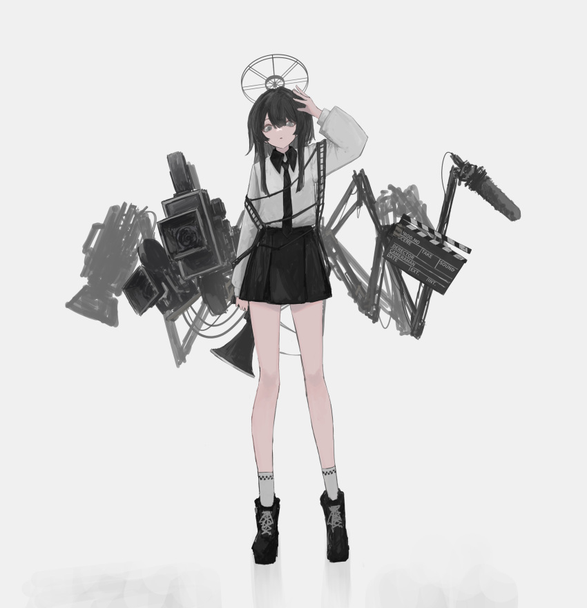 1girl, absurdres, black_footwear, black_hair, black_skirt, boom_microphone, clapperboard, collared_shirt
