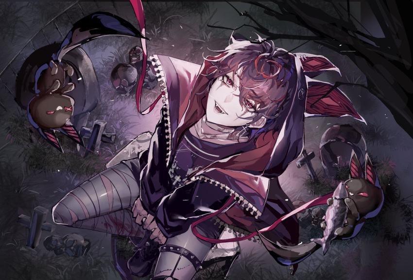 1boy, animal, animal_ear_hood, bandaged_leg, bandaged_neck, bandages, between_legs, black_footwear, black_hair, black_hoodie, black_shirt, black_shorts, blood, blood_on_bandages, blood_on_leg, creature, cross, cross_earrings, ear_piercing, earrings, fangs, fish, graveyard, hand_between_legs, highres, holding, holding_animal, holding_fish, hood, hoodie, jewelry, kuro_kurenai, leg_belt, long_sleeves, looking_at_viewer, making-of_available, multicolored_hair, nacha_(nacha_3416), o-ring_garter_belt, open_clothes, open_hoodie, open_mouth, patchwork_skin, piercing, red_eyes, redhead, shirt, short_hair, shorts, sitting, skull, smile, solo, solo_focus, spiked_garters, streaked_hair, tombstone, tree, unzipped, virtual_youtuber, vshojo
