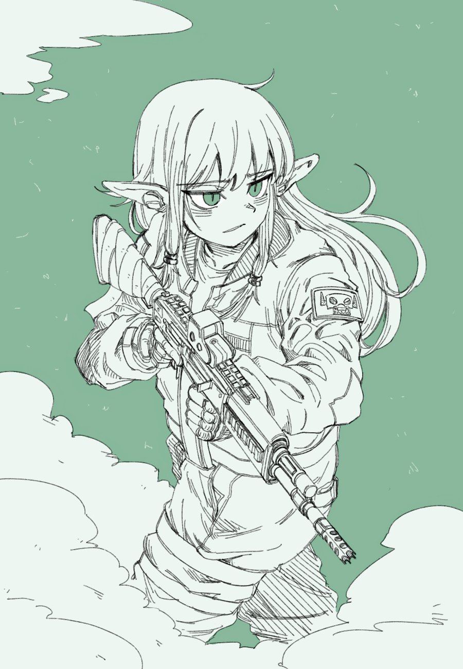 1girl, assault_rifle, collar, elf, green_background, green_eyes, gun, highres, jacket, kalashnikov_rifle, long_hair, optical_sight, original, patch, pointy_ears, powerdman, rifle, smoke, solo, trigger_discipline, weapon