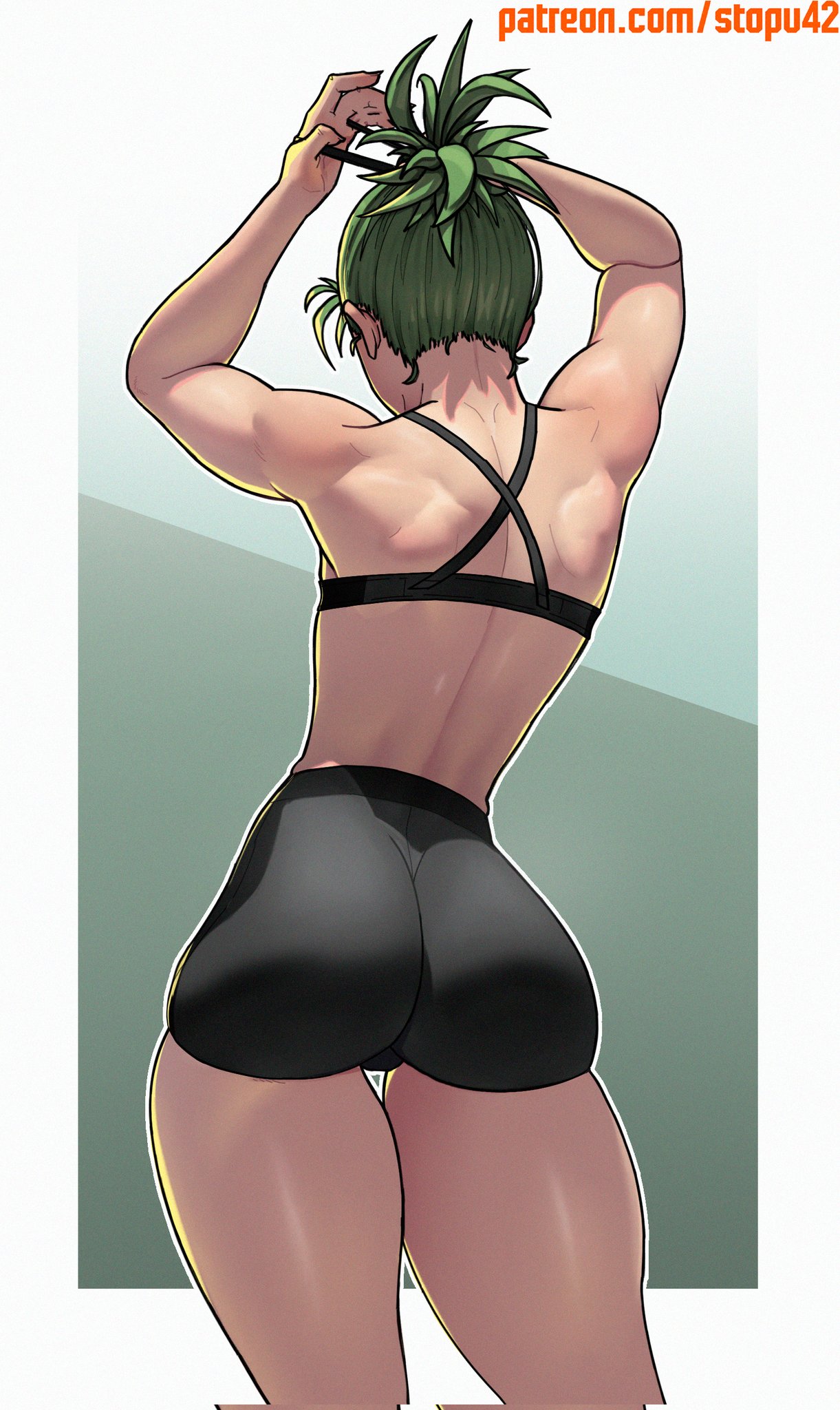 1girl, back, criss-cross_back-straps, green_hair, highres, long_hair, muscular, muscular_female, one-punch_man, patreon_username, ponytail, shorts, solo, stopu, tank_top, tatsumaki, toned, tying_hair