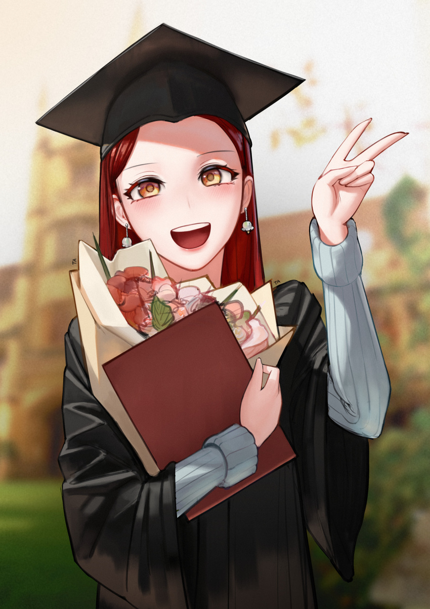 1girl, :d, absurdres, bell, bell_earrings, black_headwear, black_robe, blurry
