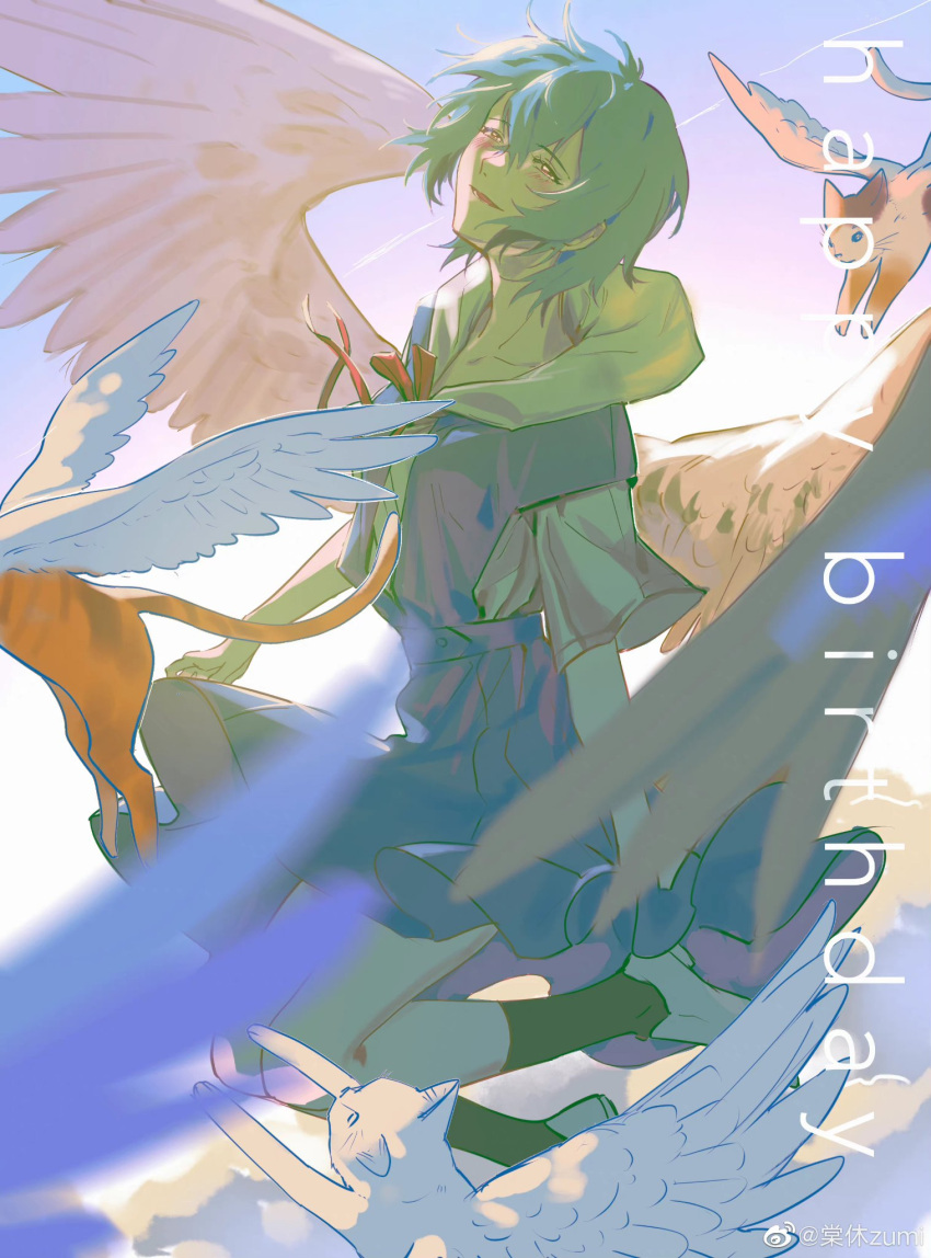 angel, angel_wings, ayanami_rei, black_socks, blue_hair, blush, cat, flying