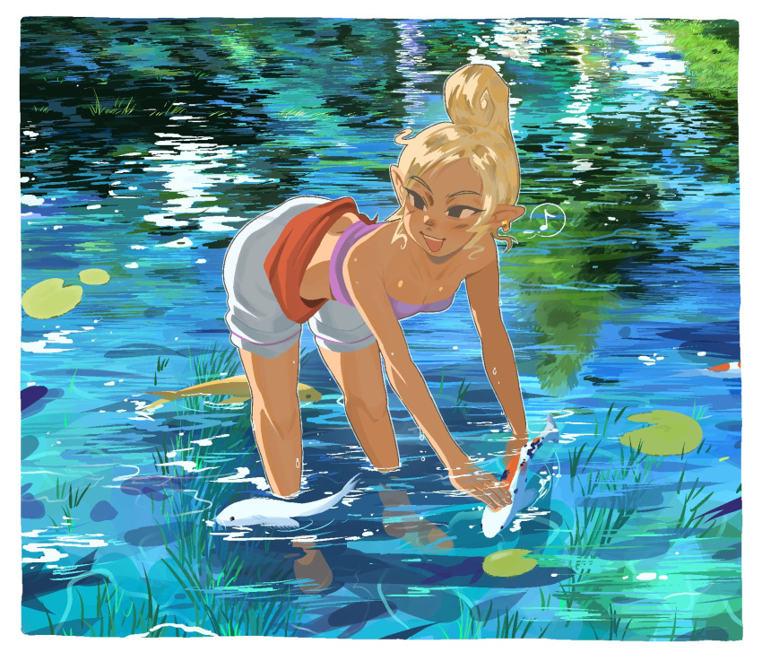 1girl, animal, bare_shoulders, barefoot, bent_over, black_eyes, blonde_hair, blush