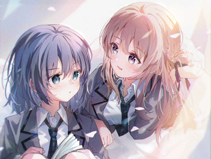 2girls, blazer, blonde_hair, blue_eyes, blue_hair, blue_necktie, book, grey_jacket