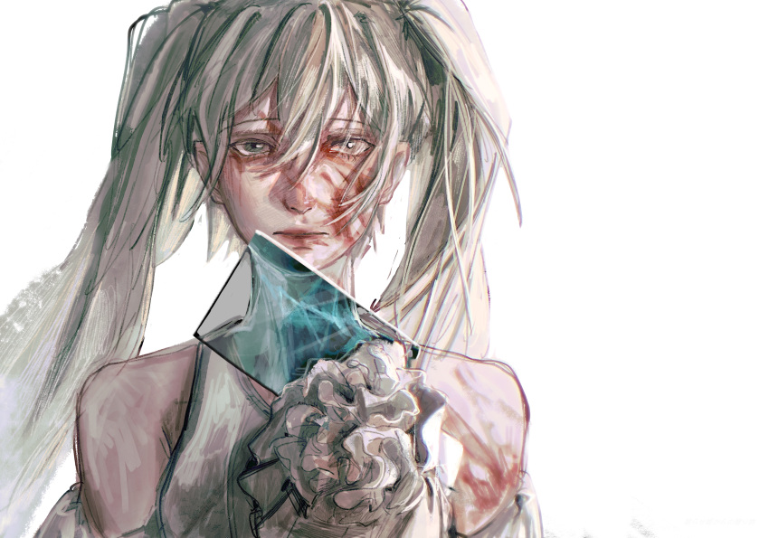 absurdres, aqua_dress, aqua_eyes, aqua_hair, bag_under_clothes, bare_shoulders, blood, blood_on_arm