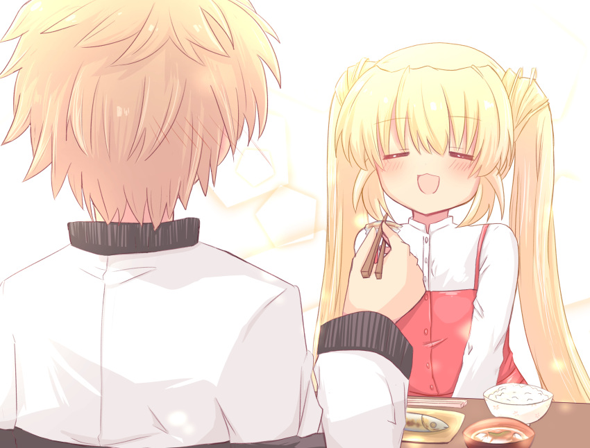 1boy, 1girl, :3, :d, =_=, blonde_hair, blush, bowl, canaca_chiyuri, casual, chopsticks, commentary_request, couple, dress, facing_another, feeding, fish, fish_(food), foreshortening, grilled_fish, hair_between_eyes, hand_up, happy, hetero, highres, holding, holding_chopsticks, jacket, long_hair, long_sleeves, nakatsu_shizuru, open_mouth, orange_hair, red_dress, rewrite, saury, shirt, short_hair, simple_background, smile, spiky_hair, straight_hair, table, tennouji_kotarou, twintails, upper_body, very_long_hair, white_background, white_jacket, white_shirt