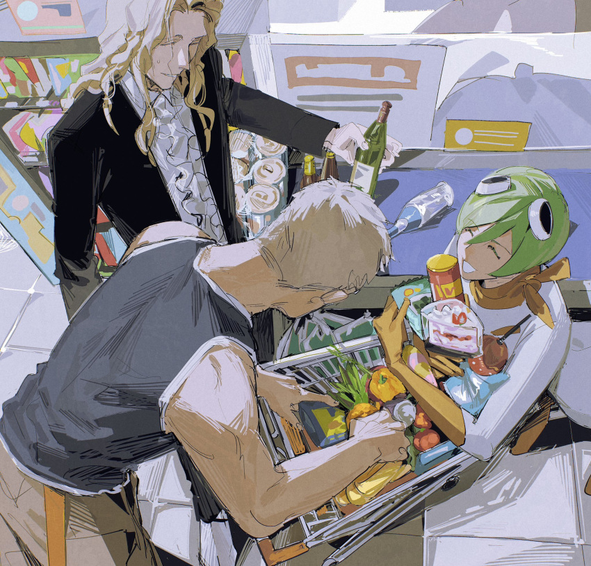 1girl, 2boys, black_jacket, bleach, blonde_hair, bottle, brown_pants, cake
