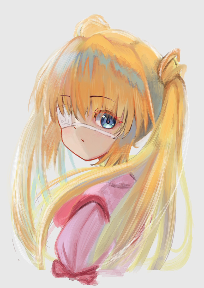 1girl, blonde_hair, blue_eyes, blush, closed_mouth, commentary_request, dress, expressionless, eyelashes, eyepatch, eyes_visible_through_hair, floating_hair, from_side, grey_background, hair_between_eyes, highres, ikumi_(1_9_3), kazamatsuri_institute_high_school_uniform, long_hair, looking_at_viewer, nakatsu_shizuru, one_eye_covered, pink_dress, rewrite, school_uniform, sidelocks, simple_background, sketch, solo, twintails, upper_body