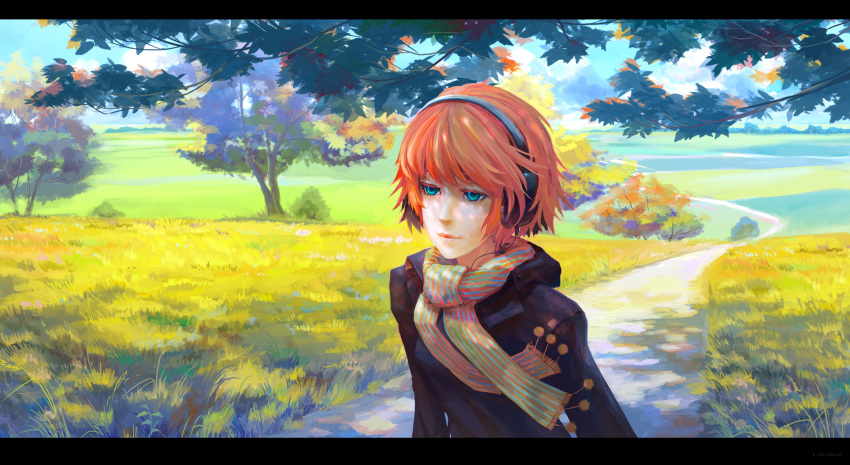 blue_eyes, field, grass, headphones, highres, landscape, momo-tan, orange_hair