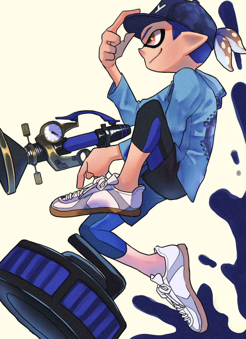 1boy, black_pants, blue_hair, blue_sweater, commentary_request, curling_bomb_(splatoon), from_side, gun