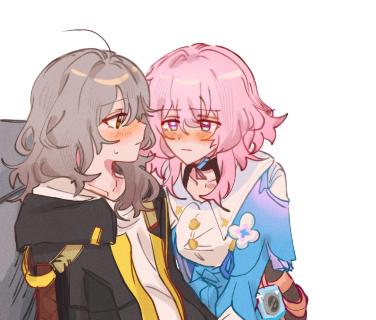 2girls, black_choker, black_hoodie, blue_dress, blush, choker, closed_mouth, commentary, dress, english_commentary, eye_contact, flower_(symbol), grey_hair, honkai:_star_rail, honkai_(series), hood, hoodie, long_hair, looking_at_another, march_7th_(honkai:_star_rail), multiple_girls, orange_eyes, pink_eyes, pink_hair, profile, shirt, short_hair_with_long_locks, simple_background, skion, stelle_(honkai:_star_rail), sweatdrop, trailblazer_(honkai:_star_rail), upper_body, white_background, white_shirt, yuri