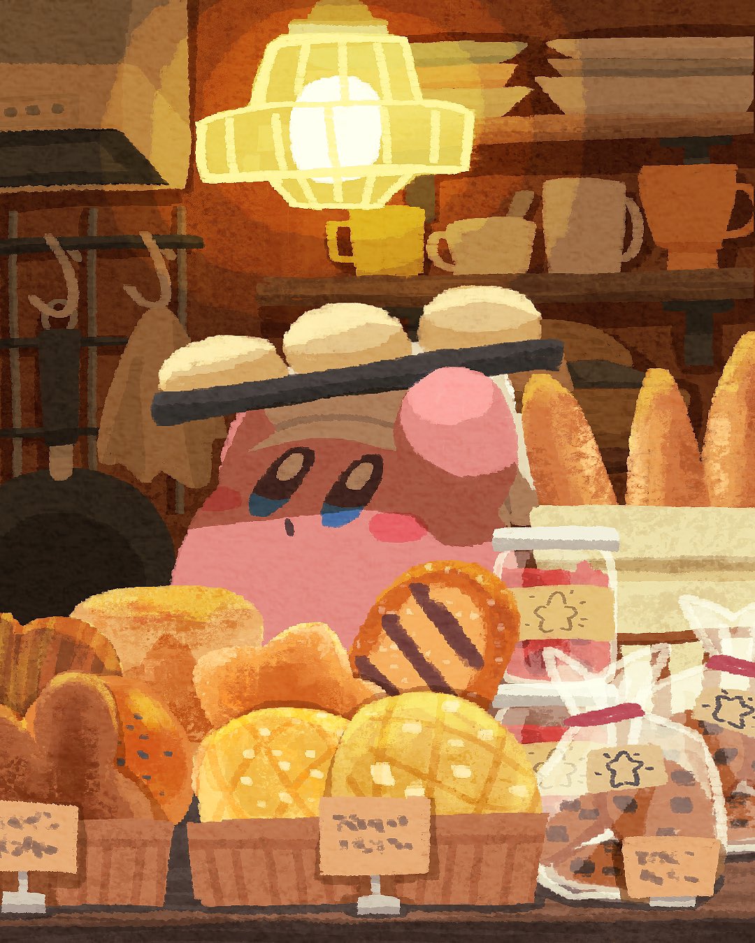 :o, arms_up, baguette, baking, blue_eyes, blush_stickers, bread, chef_hat