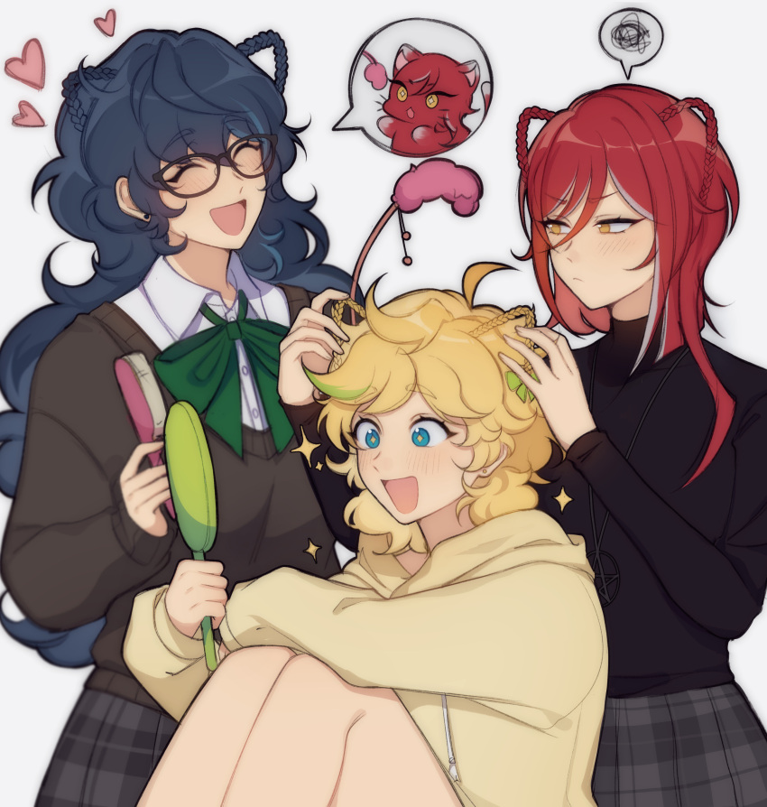 3girls, absurdres, animal_ears, aoba_tsumugi, blonde_hair, blue_eyes, blue_hair, blush
