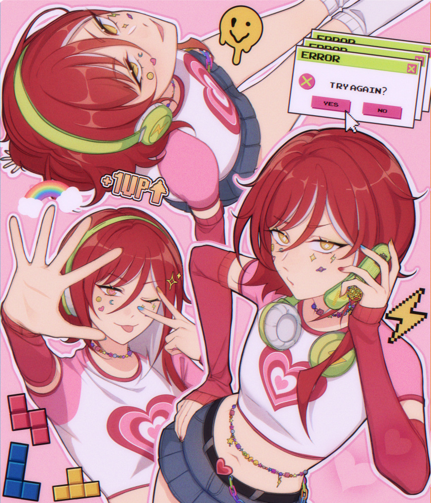 1girl, absurdres, belt, black_belt, cellphone, crop_top, denim, denim_skirt