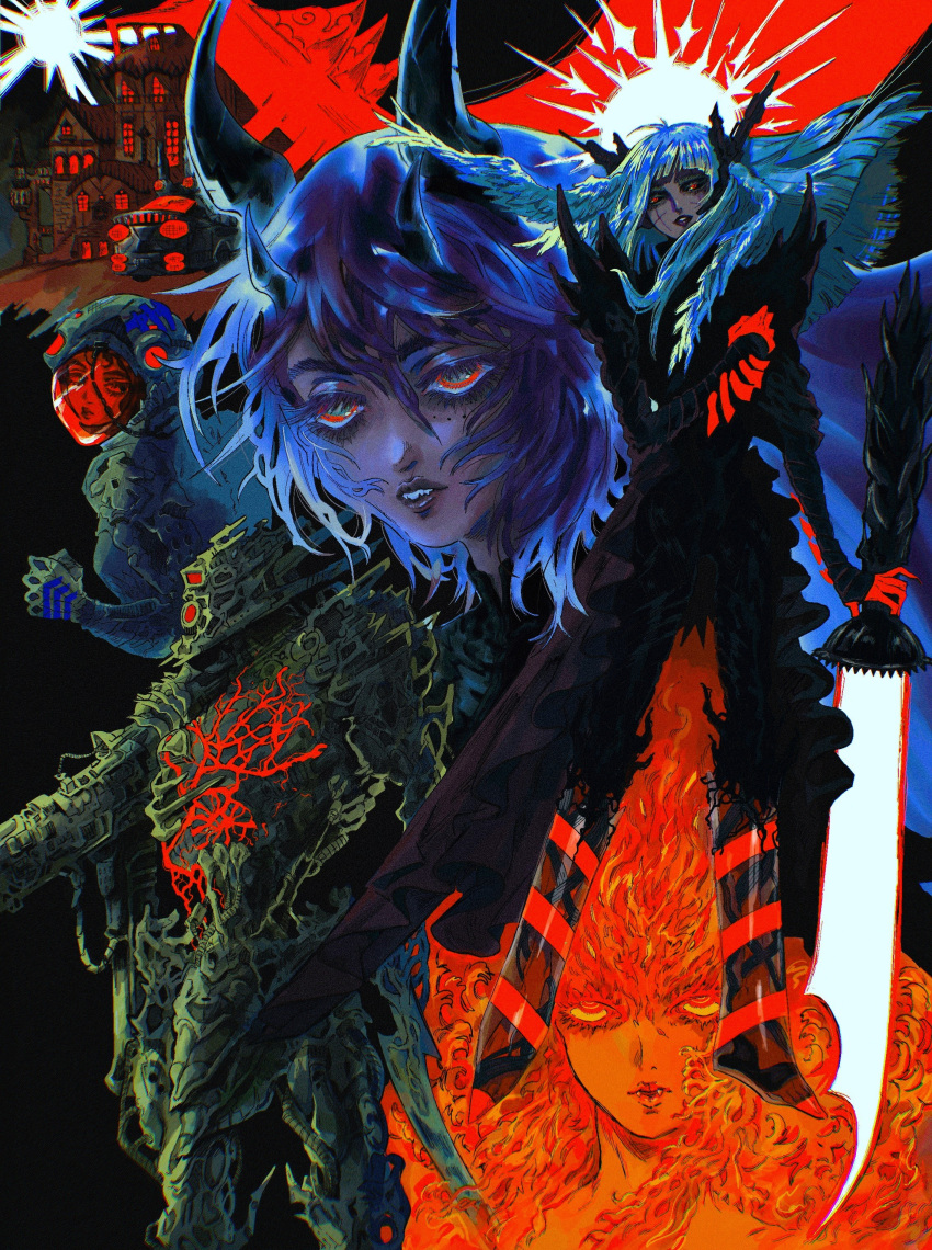 4girls, absurdres, armor, blue_hair, colored_skin, etherbeam, fangs, fiery_hair, glowing, glowing_sword, glowing_weapon, hair_between_eyes, head_wings, highres, horns, long_eyelashes, mecha, multicolored_eyes, multiple_girls, multiple_horns, orange_skin, original, parted_lips, procreate_(medium), red_eyes, robot, scar, scar_on_face, spacesuit, striped, striped_footwear, translation_request, weapon, wings