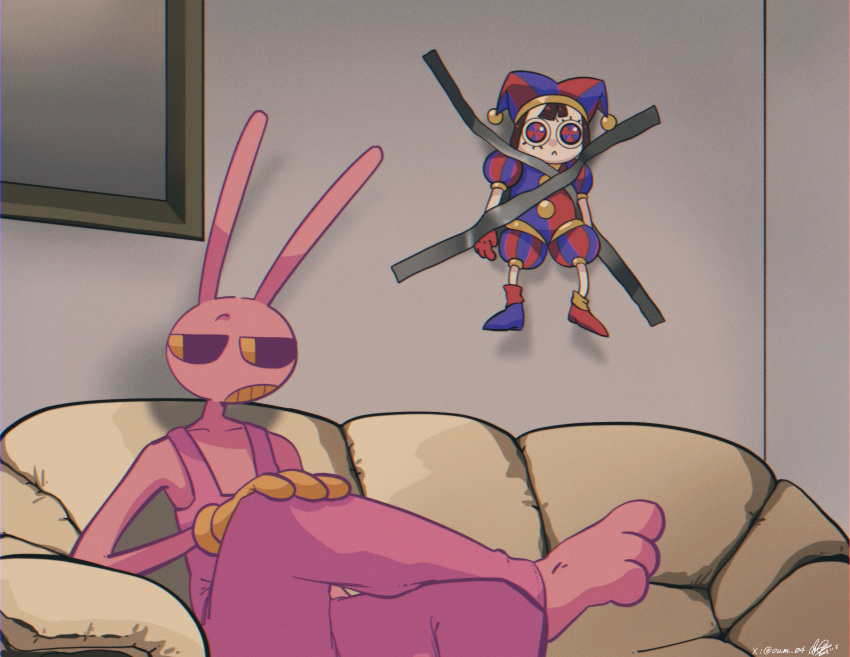 1boy, 1girl, :c, absurdres, animal_ears, barefoot, black_eyes, blue_eyes
