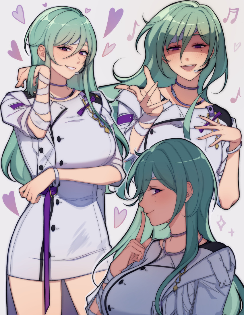 1girl, absurdres, bandaged_arm, bandaged_head, bandages, dress, ensemble_stars!, facing_to_the_side, finger_to_mouth, genderswap, genderswap_(mtf), green_hair, headset, heart, highres, kazehaya_tatsumi, long_hair, looking_at_viewer, lummy_yummy, mole, mole_under_eye, musical_note, nurse, purple_background, shushing, solo, violet_eyes, white_dress