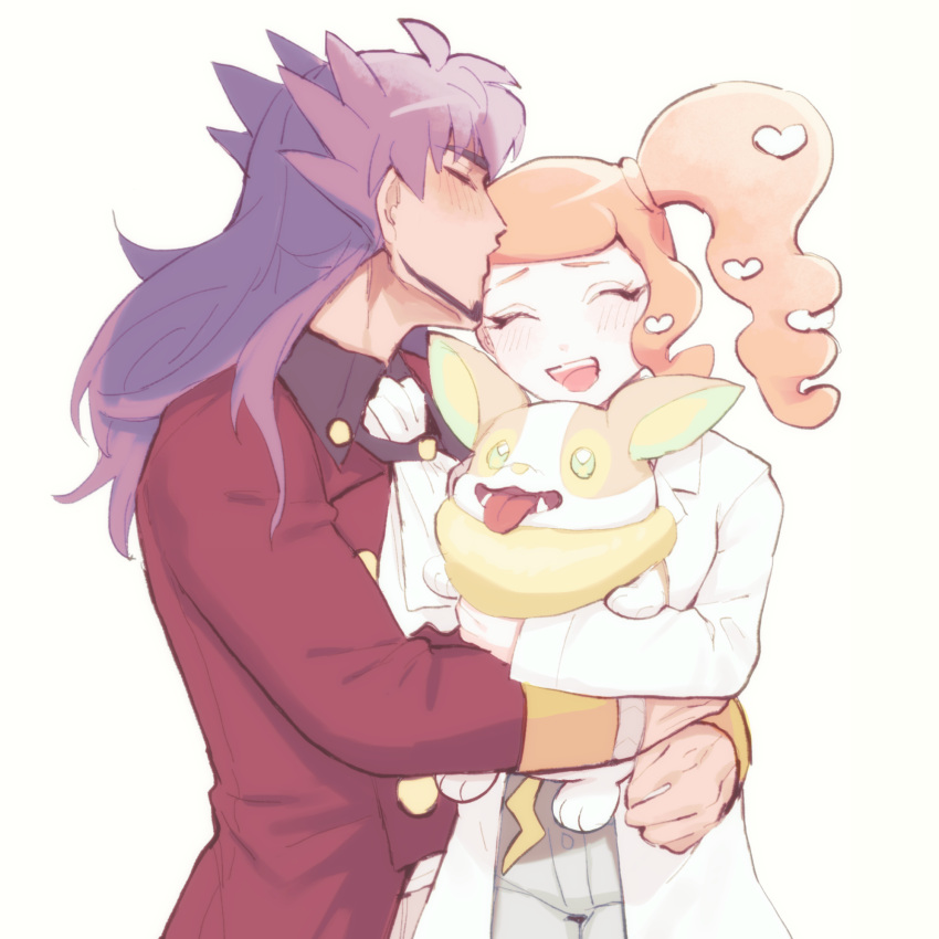 1boy, 1girl, ascot, blush, closed_eyes, dog_ears, hair_ornament, heart