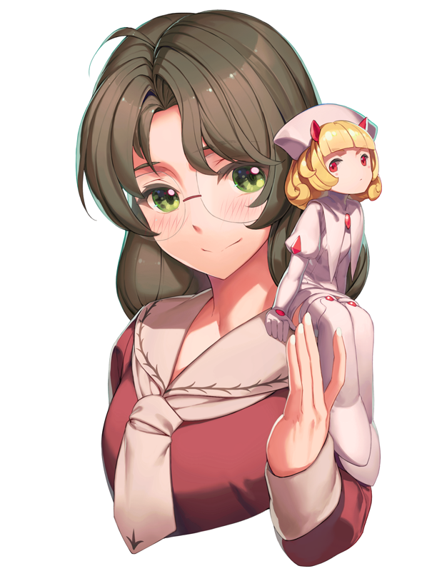 2girls, angelic_layer, ascot, blanche_(angelic_layer), blonde_hair, blush, brown_hair, capelet