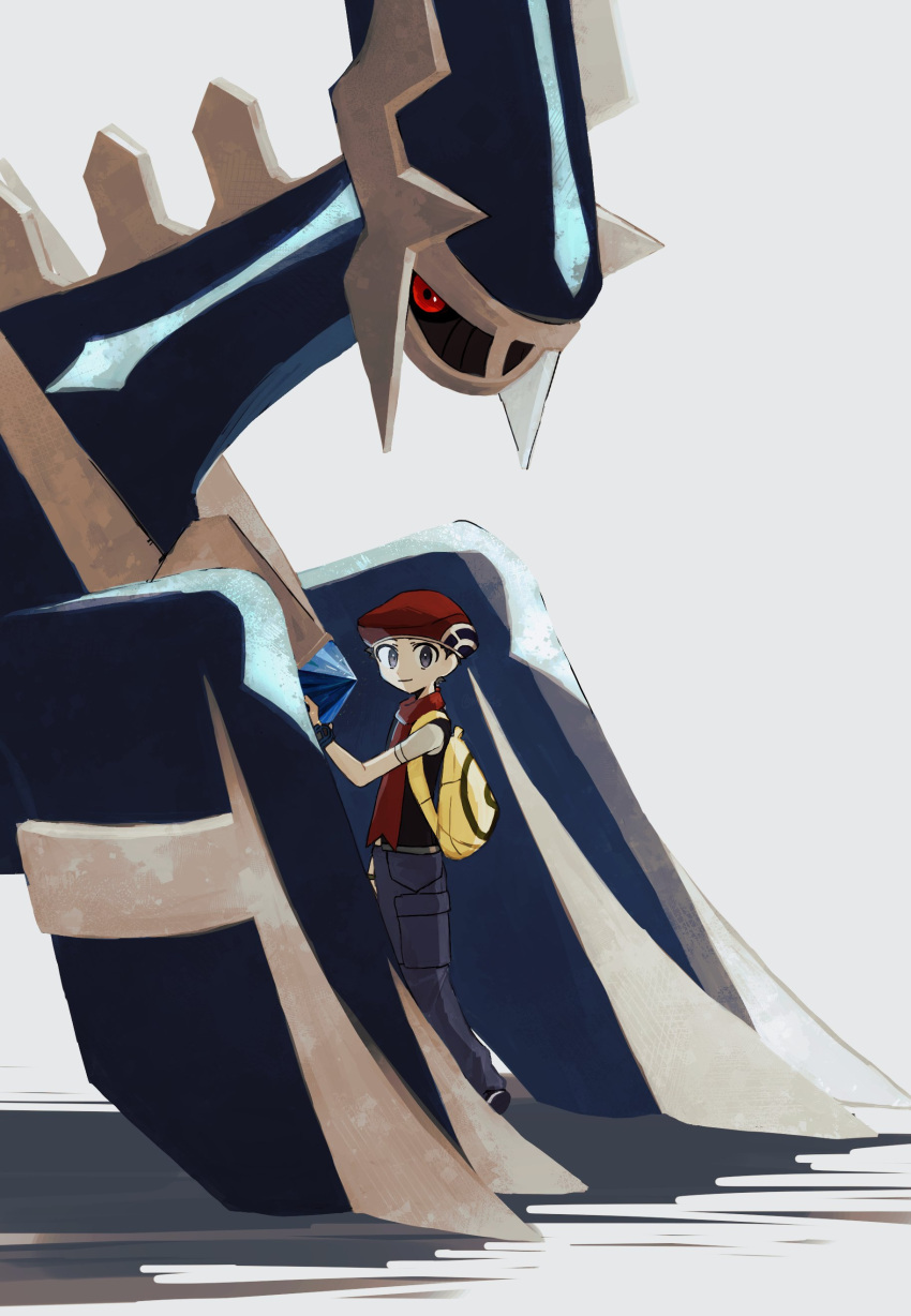 1boy, absurdres, backpack, bag, blue_eyes, commentary_request, dialga, hat