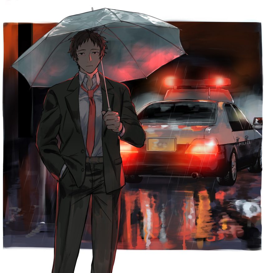 1boy, adachi_tooru, belt, black_eyes, black_hair, black_jacket, black_pants, border, brown_belt, business_suit, car, closed_mouth, collared_shirt, commentary_request, feet_out_of_frame, glowing, hand_in_pocket, highres, holding, holding_umbrella, ido_(nothing679), jacket, long_sleeves, looking_at_viewer, male_focus, motor_vehicle, necktie, night, pants, persona, persona_4, police_car, puddle, rain, red_necktie, reflection, reflective_water, shirt, short_hair, solo, standing, suit, transparent, transparent_umbrella, umbrella, white_border, white_shirt