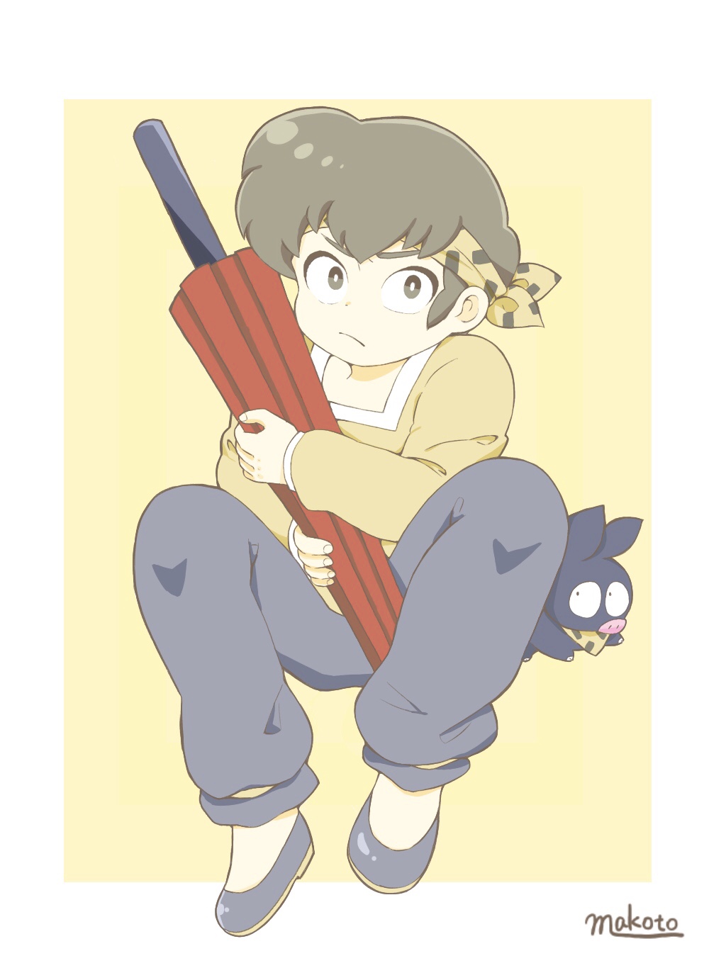 1boy, border, bright_pupils, brown_eyes, brown_hair, brown_shirt, closed_umbrella, frown, grey_footwear, grey_pants, hibiki_ryouga, highres, looking_at_viewer, makoto_(fgrd8852), male_focus, oil-paper_umbrella, p-chan, pants, pig, ranma_1/2, red_umbrella, shirt, short_hair, signature, sitting, solo, umbrella, white_border, white_pupils