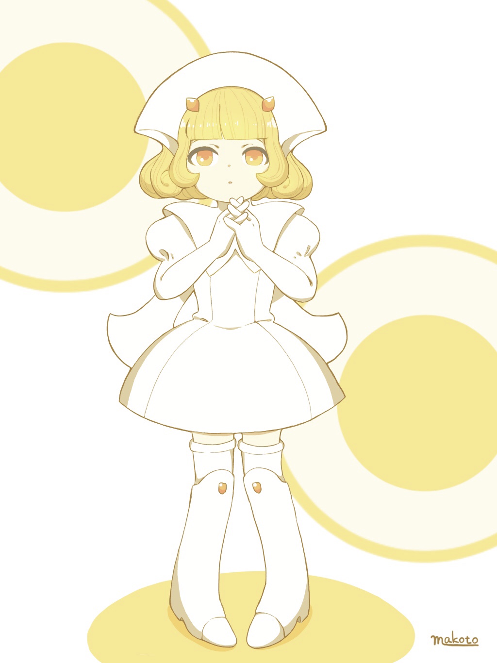 1girl, angelic_layer, blanche_(angelic_layer), blonde_hair, blunt_bangs, boots, dress, hat, highres, interlocked_fingers, juliet_sleeves, long_sleeves, makoto_(fgrd8852), nurse, nurse_cap, orange_eyes, parted_lips, puffy_sleeves, short_hair, signature, solo, standing, straight-on, thigh-highs, white_dress, white_footwear, white_thighhighs