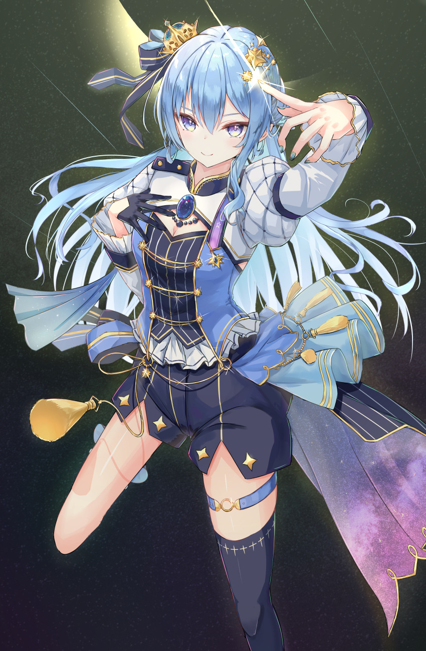 1girl, absurdres, blue_eyes, blue_hair, crown, frills, gloves, hair_ornament