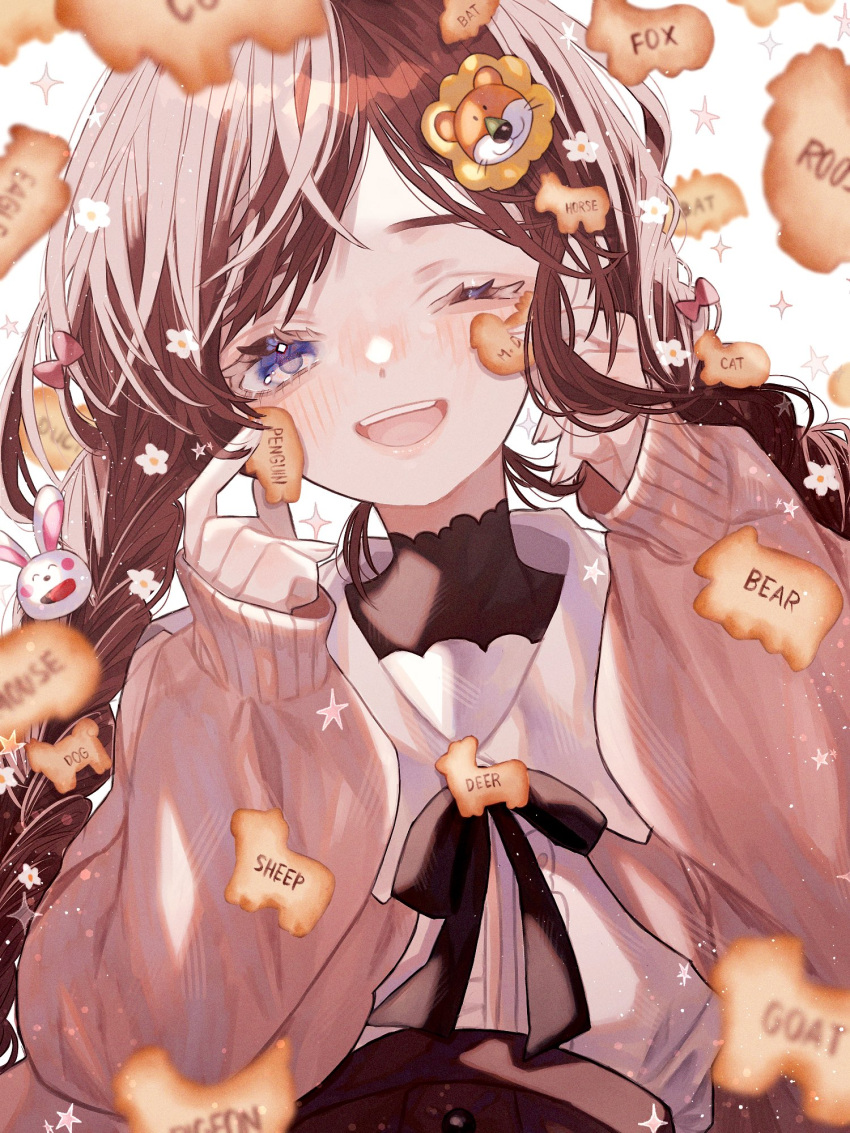 1girl, animal_crackers, black_bow, black_bowtie, black_undershirt, bow, bowtie, braid
