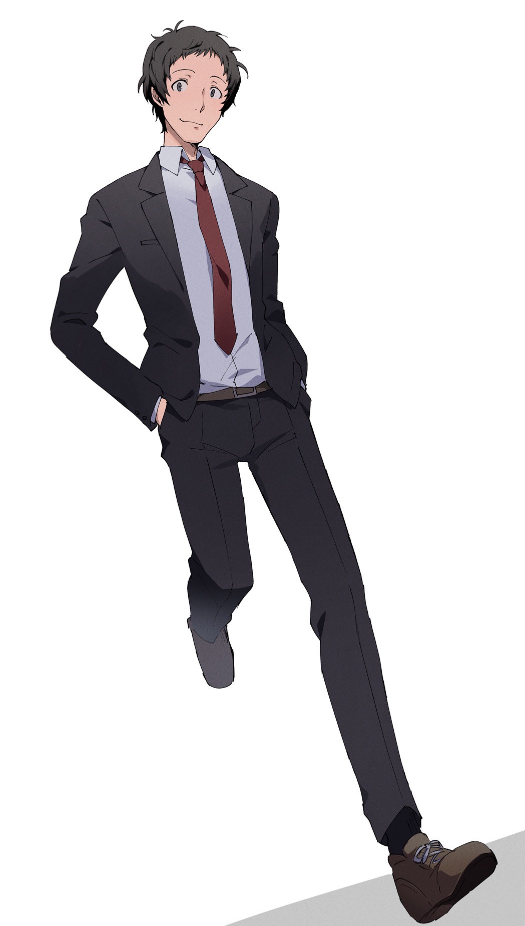 1boy, adachi_tooru, belt, black_hair, black_jacket, black_pants, brown_belt, brown_footwear