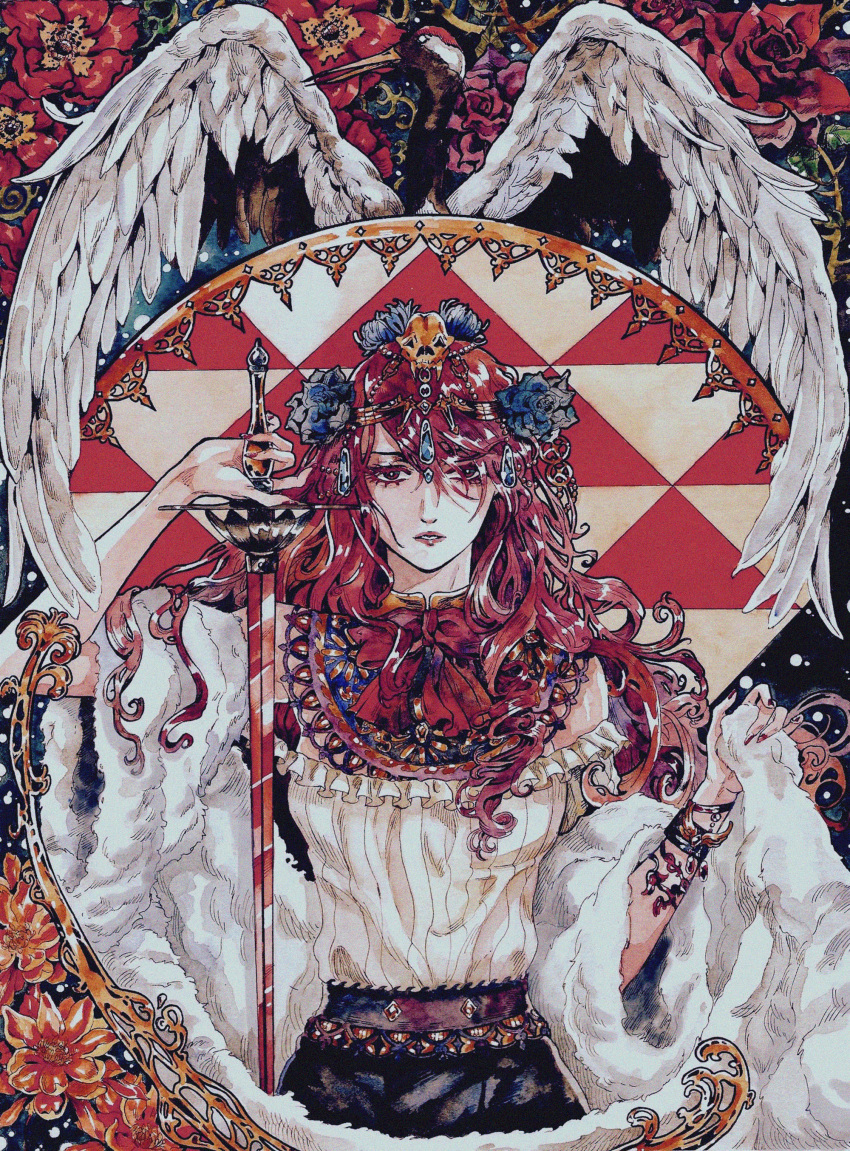 1girl, absurdres, animal_skull, art_nouveau, bird, black_skirt, blue_flower, bow, bracelet, bright_pupils, colored_eyelashes, commentary, commission, crane_(animal), english_commentary, etherbeam, flower, flower_request, hair_between_eyes, highres, holding, holding_sword, holding_weapon, jewelry, kirijou_mitsuru, looking_at_viewer, nail_polish, orange_flower, painting_(medium), parted_lips, persona, persona_3, red_bow, red_eyes, red_flower, red_nails, red_rose, redhead, rose, shirt, skirt, skull, solo, straight-on, sword, thorns, traditional_media, watercolor_(medium), weapon, white_pupils, white_shirt