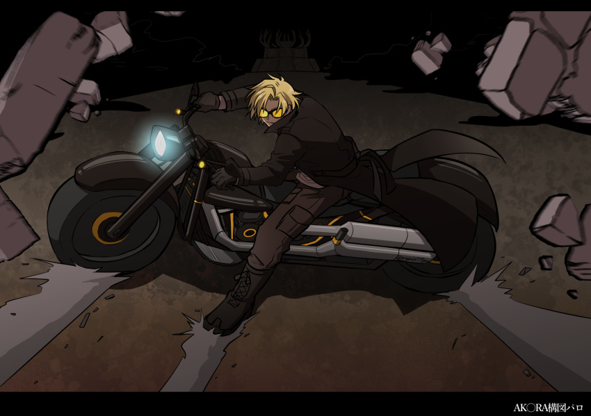 1boy, akira, black_coat, black_footwear, black_gloves, blonde_hair, boots, brown_pants, closed_mouth, coat, daybit_sem_void, debris, dust, fate/grand_order, fate_(series), gloves, headlight, highres, male_focus, mogula71, motor_vehicle, motorcycle, pants, short_hair, solo, tinted_eyewear, translation_request, yellow-tinted_eyewear