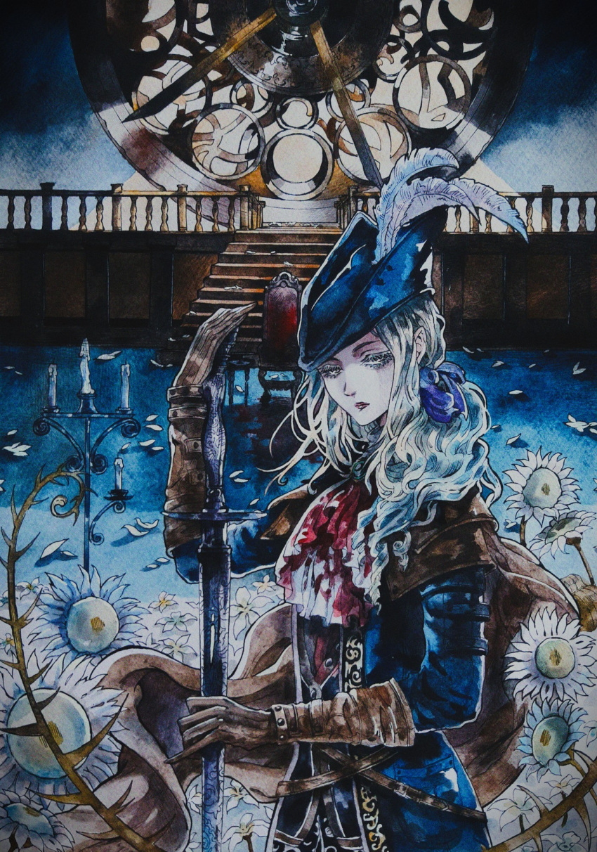 1girl, ascot, blood, blood_on_clothes, bloodborne, blue_coat, blue_headwear, blue_ribbon