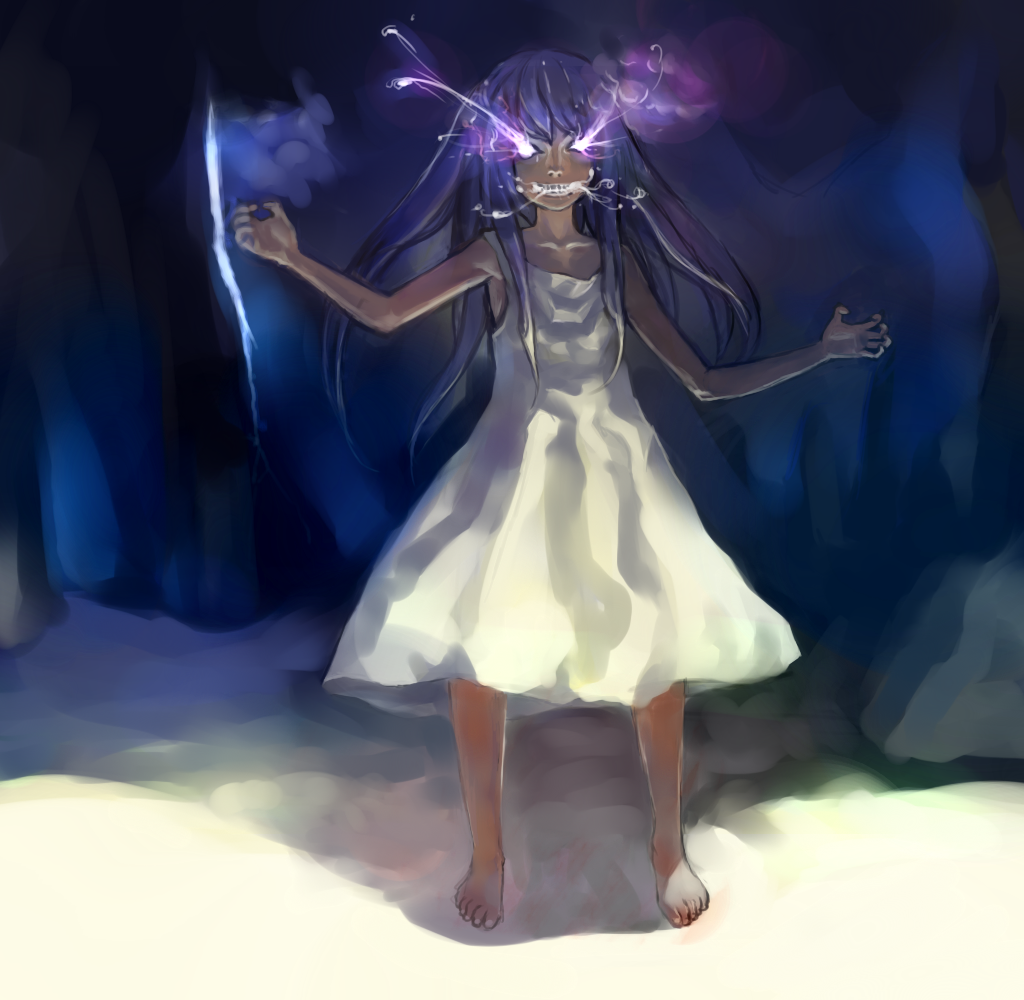 aura, barefeet, dark_skin, dress, feet, furude_rika, glowing, glowing_eyes
