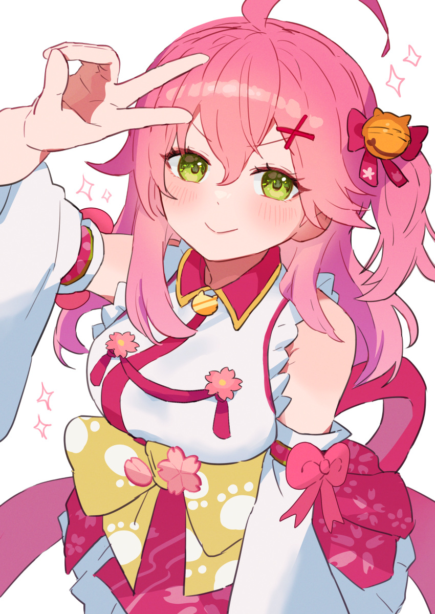 1girl, :>, absurdres, ahoge, bell, cherry_blossom_print, detached_sleeves, enipa_28
