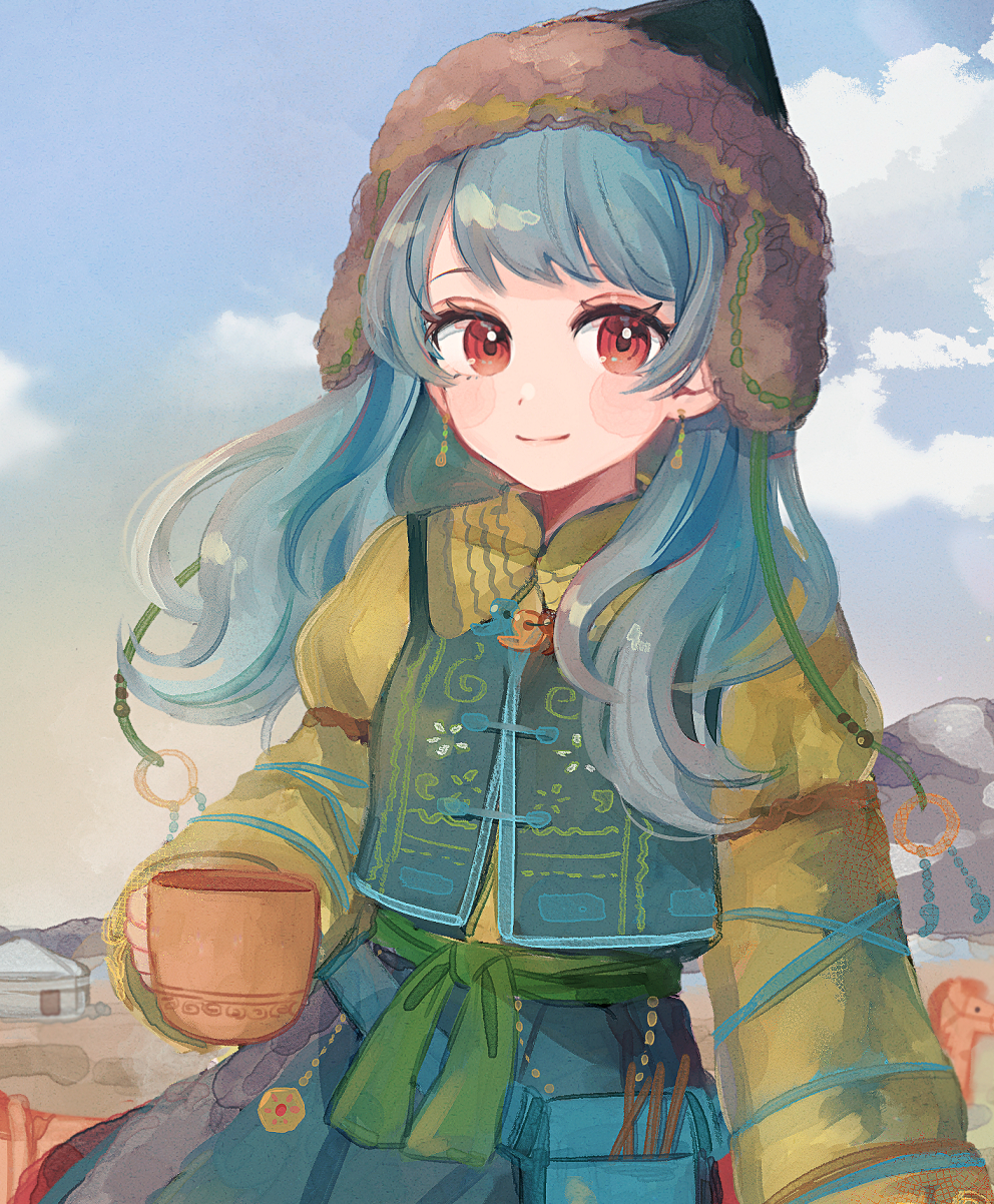 1girl, adapted_costume, blue_hair, cup, day, green_headwear, green_skirt, green_vest