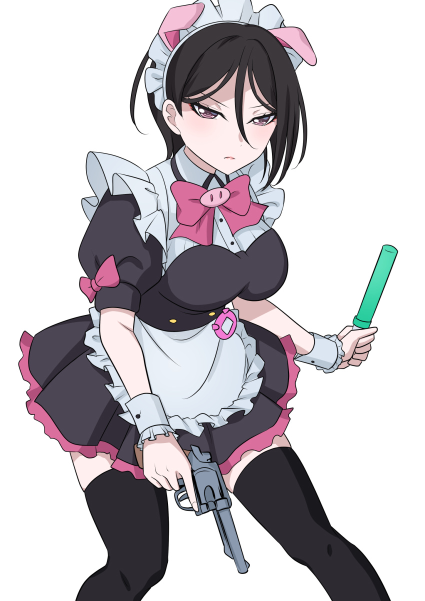 1girl, akiba_maid_sensou, animal_ears, bang_dream!, black_hair, black_thighhighs, blush, bow, breasts, closed_mouth, fake_animal_ears, gun, hair_between_eyes, highres, holding, holding_gun, holding_weapon, kitayu, large_breasts, lips, looking_at_viewer, maid_headdress, pig_ears, pink_bow, pink_eyes, pink_trim, puffy_short_sleeves, puffy_sleeves, short_hair, short_sleeves, simple_background, skirt, solo, standing, thigh-highs, weapon, white_background, wrist_cuffs, yashio_rui