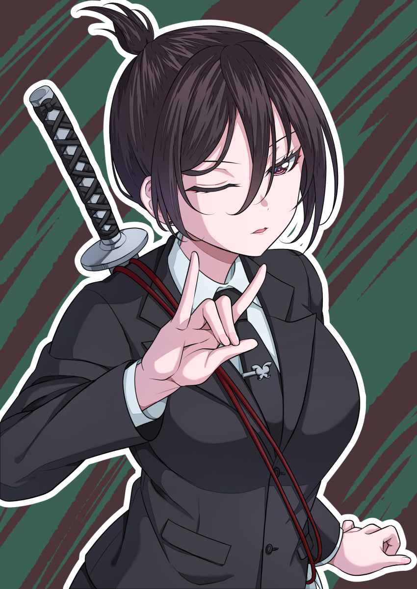 1girl, bang_dream!, black_hair, black_jacket, black_necktie, black_suit, blush, breasts