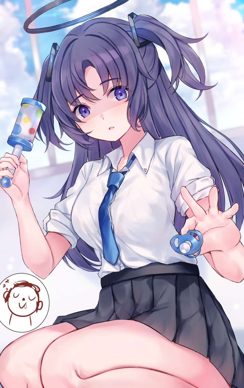 1boy, 1girl, absurdres, arona's_sensei_doodle_(blue_archive), bad_anatomy, bad_hands, black_skirt, blue_archive