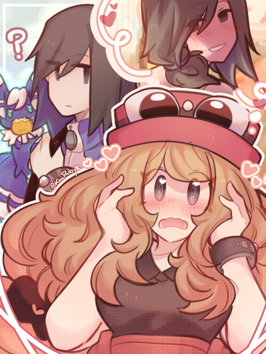 1boy, 1girl, blonde_hair, blush, brown_hair, calem_(pokemon), couple, hat, highres, kairubyz, lovestruck, meowstic, pokemon, pokemon_(game), pokemon_xy, serena_(pokemon), sleeveless, sunglasses