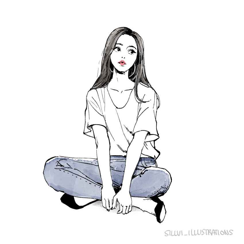 1girl, absurdres, artist_name, black_footwear, black_hair, blue_pants, collarbone, denim, earrings, full_body, highres, hoop_earrings, indian_style, jewelry, lipstick, long_hair, looking_to_the_side, makeup, original, pants, parted_lips, red_lips, shirt, sillvi, simple_background, sitting, solo, white_background, white_shirt